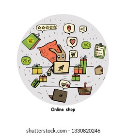 Circle concept for your design. The dog is a superhero with shopping and gifts. Hand drawing for your design. For your advertising, websites, banners, postcards