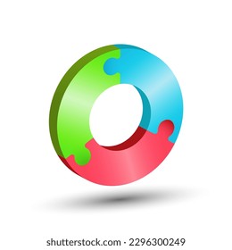 The circle consists of 3 puzzle pieces. 3d illustration for creative ideas and creative design. Volumetric style