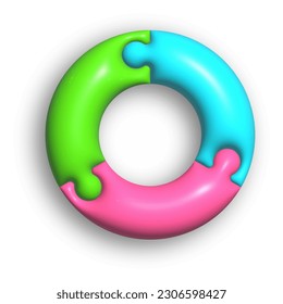El círculo consta de 3 piezas de rompecabezas. 3d ilustración para ideas creativas y diseño creativo. Estilo volumétrico, representación