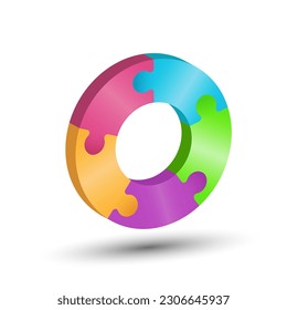 The circle consists of 5 puzzle pieces. 3d illustration for creative ideas and creative design. Volumetric style