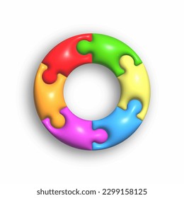 The circle consists of 6 puzzle pieces. 3d illustration for creative ideas and creative design. Volumetric style, rendering