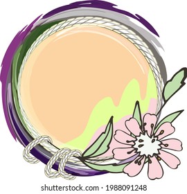 A circle with cornflower flowers.Ropes and knotted threads in a circle. With a recording space in the center. Pastel colors. For pillows, mugs, and T-shirts.Postcard template. Children's cute stylish 