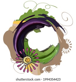 A circle with cornflower flowers.Ropes and knotted threads in a circle. With a recording space in the center. Pastel colors. For pillows, mugs, and T-shirts.Postcard template. Children's cute stylish 
