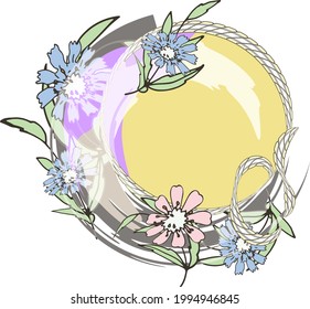 A circle with cornflower flowers.Ropes and knotted threads in a circle. With a recording space in the center. Pastel colors. For pillows, mugs, and T-shirts.Postcard template. Children's cute stylish 