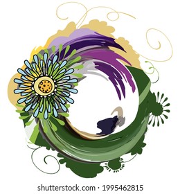 A circle with cornflower flowers.Ropes and knotted threads in a circle. With a recording space in the center. Pastel colors. For pillows, mugs, and T-shirts.Postcard template. Children's cute stylish 