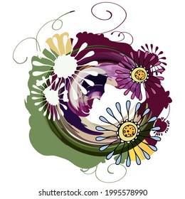 A circle with cornflower flowers.Ropes and knotted threads in a circle. With a recording space in the center. Pastel colors. For pillows, mugs, and T-shirts.Postcard template. Children's cute stylish 