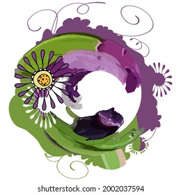 A circle with cornflower flowers.Ropes and knotted threads in a circle. With a recording space in the center. Pastel colors. For pillows, mugs, and T-shirts.Postcard template. Children's cute stylish 