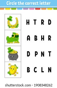 Circle the correct letter. Education developing worksheet. Learning game for kids. St. Patrick's day. Color activity page. Cartoon character.