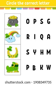 Circle the correct letter. Education developing worksheet. Learning game for kids. St. Patrick's day. Color activity page. Cartoon character.