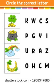 Circle the correct letter. Education developing worksheet. Learning game for kids. St. Patrick's day. Color activity page. Cartoon character.