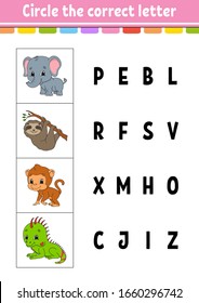 Circle the correct letter. monkey, elephant, sloth, iguana. Education developing worksheet. Learning game for kids. Color activity page. Cartoon character.