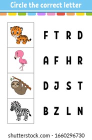 Circle the correct letter. Zebra, flamingo, tiger, sloth. Education developing worksheet. Learning game for kids. Color activity page. Cartoon character.