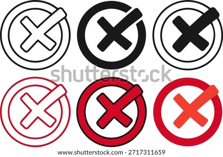 circle cross icon set, red and black delete symbols for cancel or close, flat vector illustration