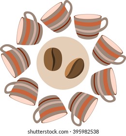 circle of cups with coffee beans