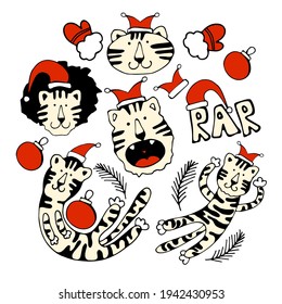 Circle of cute Chrictmas tigers. Vector illustration.Wild animal. Symbol of 2022. Cute animal character idea for child and kid printable stuff and t shirt, greeting card, nursery wall art, postcard. 