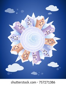 Circle with  cute city. Vector texture illustration.