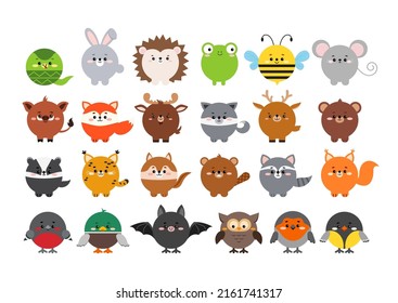 Circle cute forest animal faces icon set isolated on white. Cartoon round shape kawaii kids avatar character collection. Vector flat clip art illustration mobile ui game application wild animal asset.