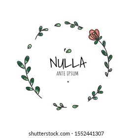 Circle cute hand drawn frame on the white background. Doodle hand drawn decorative outlined wreaths with branches, leaves and flowers. Vector illustration. Circle frame, banner