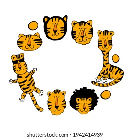 Circle of cute  tigers. Vector illustration.Wild animal. Symbol of 2022. Cute animal character idea for child and kid printable stuff and t shirt, greeting card, nursery wall art, postcard