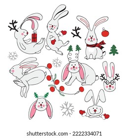 Circle of cute vector Christmas graphic little rabbits. Chinese 2023 year symbol, Cute bunny. Year of hare. Cartoon mascot. Smiling adorable character. Cute illustration of wild forest animal isolated