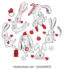 Circle of cute vector Christmas graphic little rabbits. Chinese 2023 year symbol, Cute bunny. Year of hare. Cartoon mascot. Smiling adorable character. Cute illustration of wild forest animal isolated