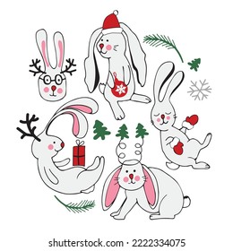 Circle of cute vector Christmas graphic little rabbits. Chinese 2023 year symbol, Cute bunny. Year of hare. Cartoon mascot. Smiling adorable character. Cute illustration of wild forest animal isolated