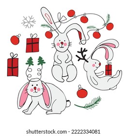 Circle of cute vector Christmas graphic little rabbits. Chinese 2023 year symbol, Cute bunny. Year of hare. Cartoon mascot. Smiling adorable character. Cute illustration of wild forest animal isolated