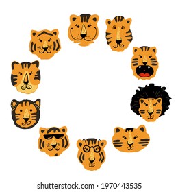 Circle of cute vector graphic little tigers. Chinese 2022 year symbol. Year of tiger. Cartoon mascot. Smiling adorable character. Orange illustration of wild exotic animal isolated on white background
