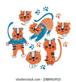Circle of cute vector graphic little tigers. Chinese 2022 year symbol. Year of tiger. Cartoon mascot. Smiling adorable character. Orange illustration of wild exotic animal isolated on white background