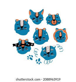 Circle of cute vector graphic little tigers. Chinese 2022 year symbol. Year of tiger. Cartoon mascot. Smiling adorable character. Blue illustration of wild exotic animal isolated on white background