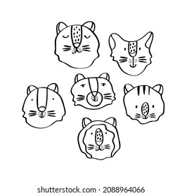 Circle of cute vector graphic little tigers. Chinese 2022 year symbol. Year of tiger. Cartoon mascot. Smiling adorable character. Doodle illustration of wild exotic animal isolated on white background