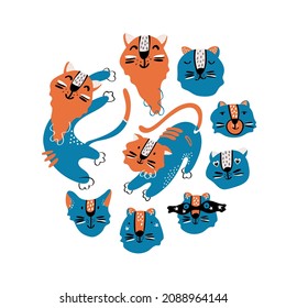 Circle of cute vector graphic little tigers. Chinese 2022 year symbol. Year of tiger. Cartoon mascot. Smiling adorable character. Blue illustration of wild exotic animal isolated on white background
