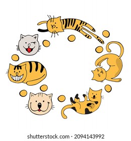 Circle of cute vector graphic little cats. Cartoon mascot. Smiling adorable character. Illustration of  cartoon cat isolated on white background