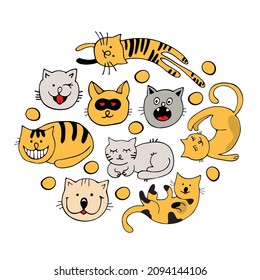 Círculo de lindos gatos gráficos vectoriales. Mascota de dibujos animados. Carácter adorable sonriente. Ilustración del gato de dibujos animados aislado en fondo blanco