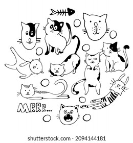 Círculo de lindos gatos gráficos vectoriales. Mascota de dibujos animados. Carácter adorable sonriente. Ilustración del gato de dibujos animados aislado en fondo blanco