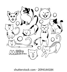 Circle of cute vector graphic little cats. Cartoon mascot. Smiling adorable character. Illustration of  cartoon cat isolated on white background