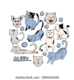 Circle of cute vector graphic little cats. Cartoon mascot. Smiling adorable character. Illustration of  cartoon cat isolated on white background
