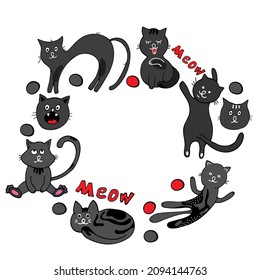 Circle of cute vector graphic little cats. Cartoon mascot. Smiling adorable character. Illustration of  cartoon cat isolated on white background