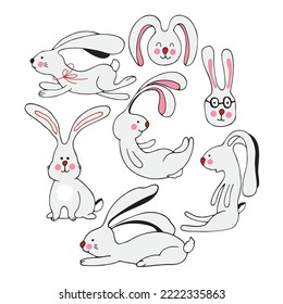 Circle of cute vector graphic little rabbits. Chinese 2023 year symbol, Cute bunny. Year of hare. Cartoon mascot. Smiling adorable character. Cute illustration of wild forest animal isolated 