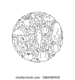 The circle with cute vegetables on a white background.