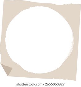 A circle cutout in a torn paper style with rough edges. The ripped paper effect creates a textured border around the circular opening. Cartoon vector illustration.