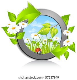 Circle with daisies, ladybug and green arrow, vector illustration