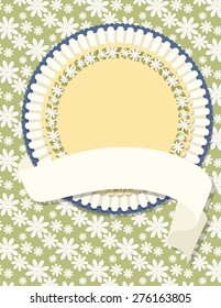 Circle Daisy Wreath Badge and Daisy Background. Circle daisy wreath badge on a green daisy patterned background with a ribbon. Ideal for weddings, invitations, and summer events.