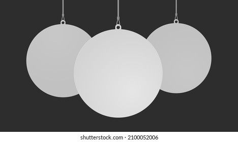 Circle danglers hanging from ceiling realistic mockup set. Mock up of advertising promotion pointer for supermarket sale announcement on uniform dark background. Mall store label vector illustration