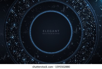 Circle dark blue navy background with paper shapes overlap layers. Luxury concept texture with dots silver glitters dots element decoration. Vector design template for use frame, cover, banner, card