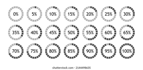 Circle dark colors percentage chart set. Progress or loading circle symbols. From 0 to 100. Vector icon isolated on white background. EPS 10