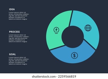 Circle dark infographic with 3 elements template for web on a black background, business, presentation. Vector