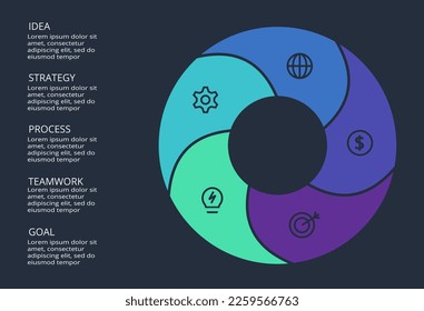 Circle dark infographic with 5 elements template for web on a black background, business, presentation. Vector