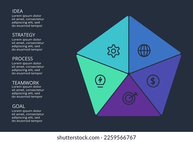 Circle dark infographic with 5 elements template for web on a black background, business, presentation. Vector
