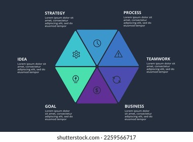 Circle dark infographic with 6 elements template for web on a black background, business, presentation. Vector